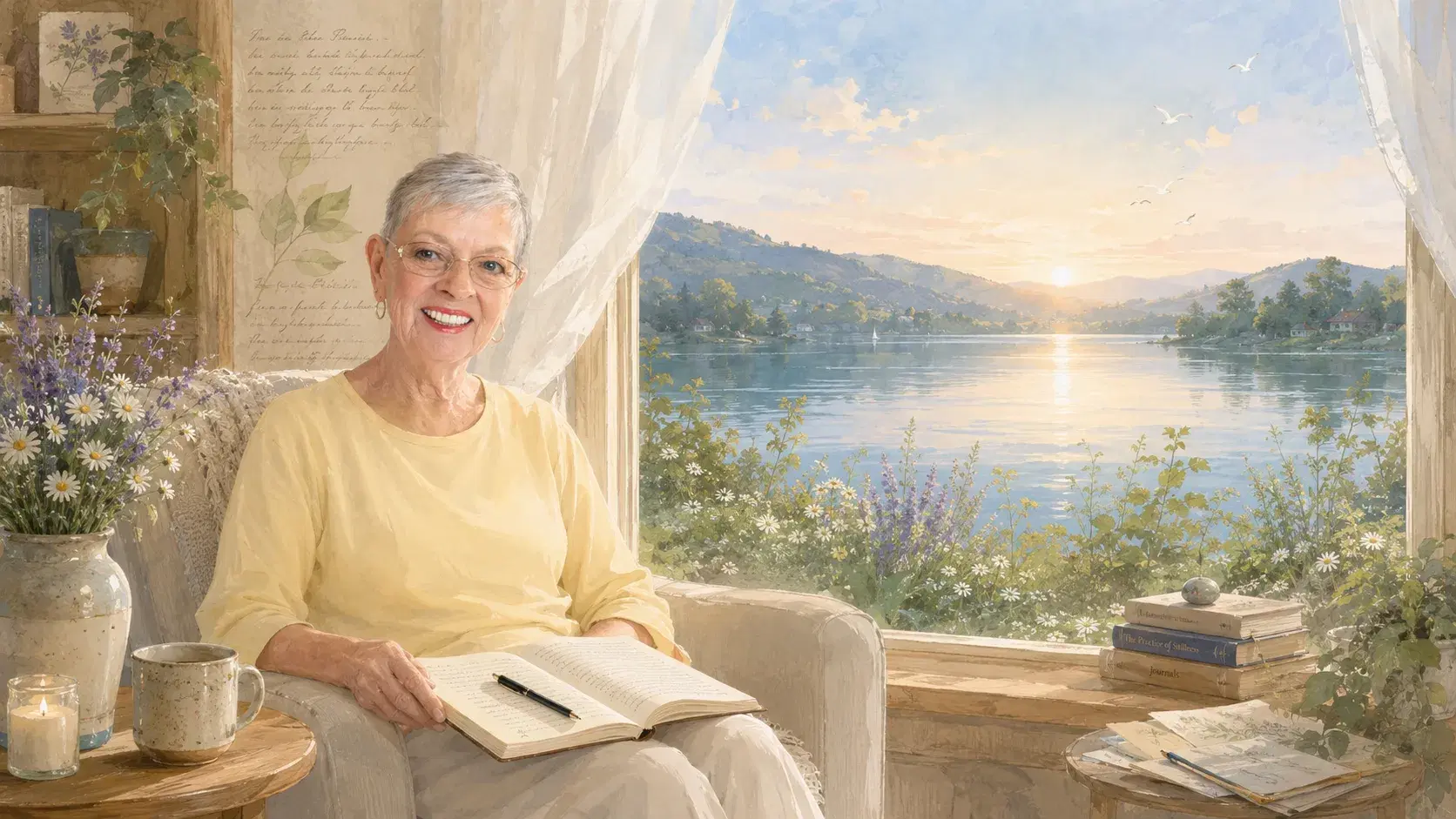 Betty Lue writing Loving Reminders by a sunny window overlooking the lake